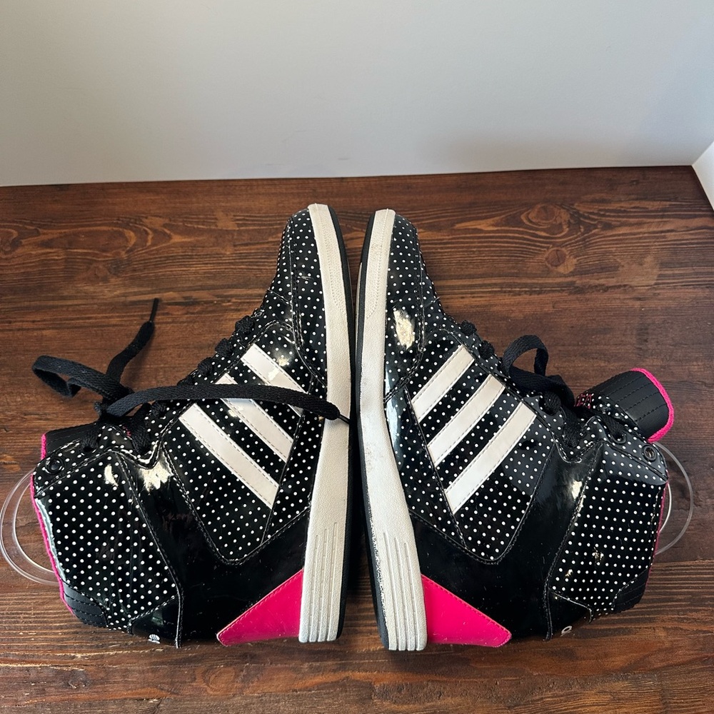 adidas Black White Polka Dot High-Top Sneakers with Pink Trim - Picture 5 of 9